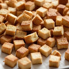 Layer of homemade croutons on a baking sheet lined with a parchment paper,photography, preparation, vertical, color image, homemade, social issues, crumb, crunchy, dry, bread, breadcrumbs,9456
