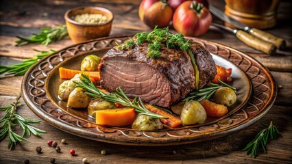 A succulent roasted meat entree served with roasted root vegetables and herbs on an ornate plate