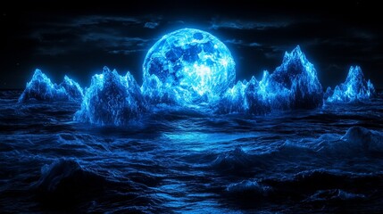 Fototapeta premium Galactic sphere hovering over ethereal horizon under the night sky with sparkling reflections and celestial mysteries in blue tones