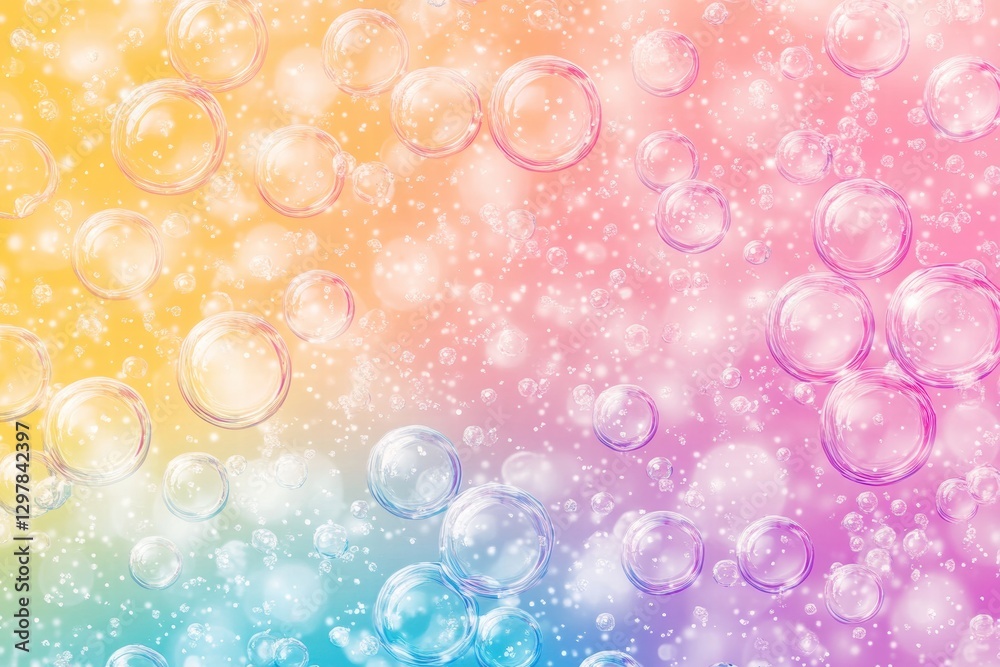 Poster colorful soap bubbles creating a vibrant repeating pattern in bright hues of pink, yellow, and blue.