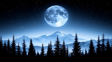 Ethereal moonlit wilderness a tranquil landscape with a full moon illuminating serene mountains and silhouette fir forest midnight glow