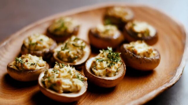 Fresh stuffed mushrooms with garlic and herbs, served on a rustic plate, soft light
