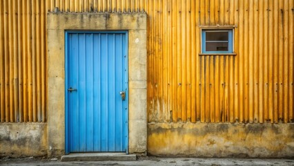 Rustic Building Exterior Featuring a Vibrant Blue Door and a Small Window Set Against a Weathered Yellow Corrugated Metal Wall