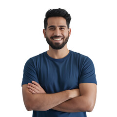 Fototapeta premium Smiling Bearded Man in Blue T-Shirt with Arms Crossed Isolated on Transparent Background PNG 