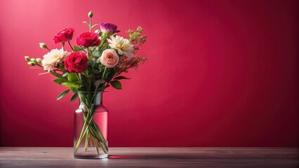 Fototapeta premium A vibrant bouquet of red, pink, and white blossoms arranged in a clear glass vase against a rich crimson backdrop.