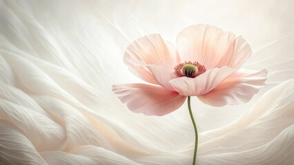 A Delicate Pink Poppy Blossom Resting Gracefully Upon Soft, Draped Fabric, Illuminated by Gentle Light