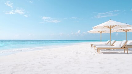 Fototapeta premium White beach umbrellas and lounge chairs on a pristine sandy shore next to a calm turquoise ocean under a clear blue sky.