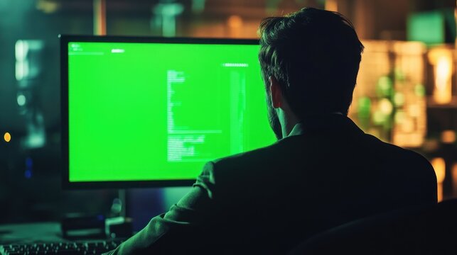 Cybersecurity expert monitoring code on screen for potential threats analysis