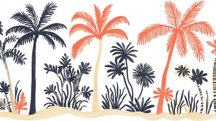 Tropical paradise palm tree sketch illustration in retro style summer vibes beach scene seamless border pattern decorative graphic elements