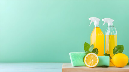 Fototapeta premium Cleaning Products with Lemon Sponge and Green Leaves on Wooden Surface
