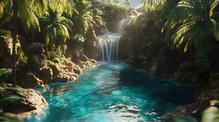 Naklejka premium Serene Tropical Waterfall: A breathtaking tropical oasis unveils a cascade of pristine waterfall, inviting you to immerse yourself in its tranquil embrace. Lush foliage flourishes.