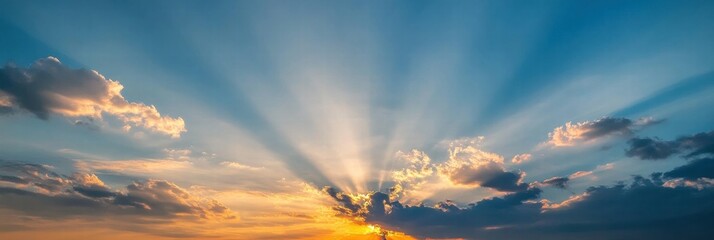 Vibrant sunset with colorful clouds and rays illuminating the sky over a serene landscape during early evening. Generative AI