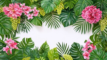 Tropical Foliage and Pink Blooms Frame, A vibrant botanical design with space for text or a visual element of nature's flourish