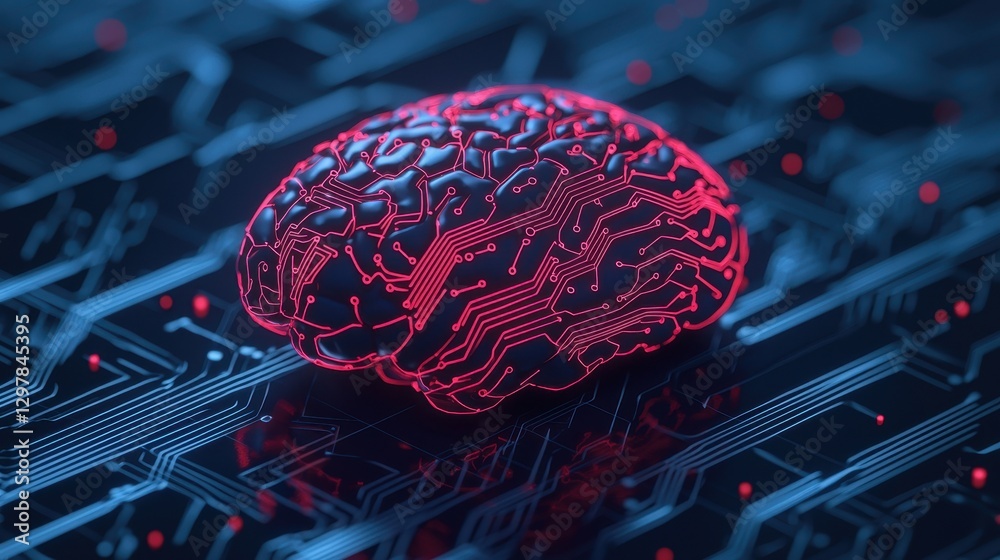 Poster futuristic brain with circuit patterns representing artificial intelligence and technology in digita