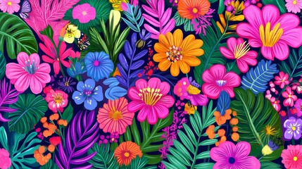 Vibrant botanical garden illustration showcasing a kaleidoscope of colorful floral blooms and lush foliage, creating a cheerful nature scene