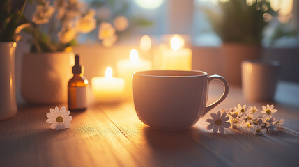 a cozy indoor scene with soft lightning a warm cup on wooden table