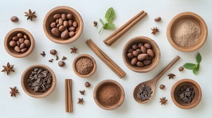 aromatic cocoa and chocolate ingredients flat lay