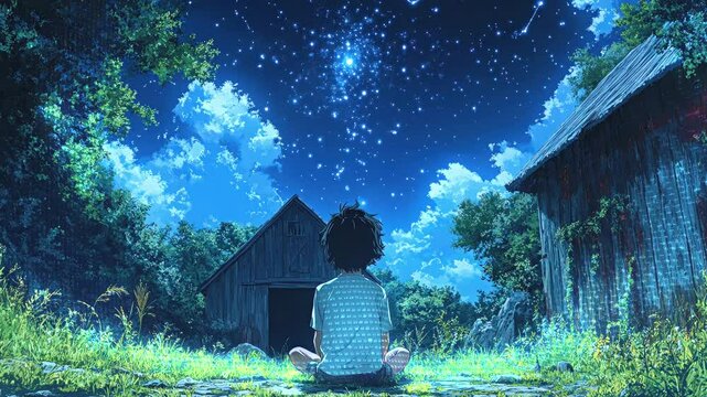 Stargazing boy enjoys a serene night under a captivating sky filled with bright constellations near rustic barns