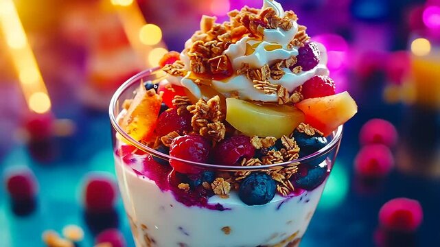 Colorful dessert parfait with fruits and granola against a vibrant, blurred background