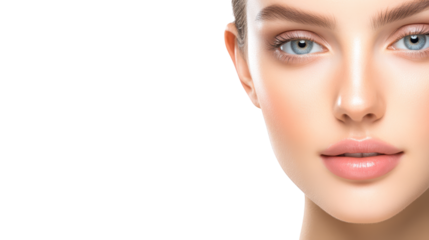 Captivating beauty, a closeup portrait of woman with striking blue eyes and soft pink lips