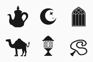 Islamic festival and traditional silhouette elements set in black and white isolated flat vector illustration for ramadan and eid