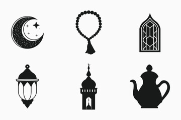 Islamic festival and traditional silhouette elements set in black and white isolated flat vector illustration for ramadan and eid