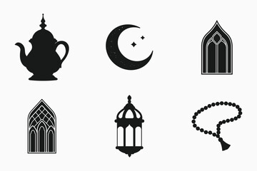 Islamic festival and traditional silhouette elements set in black and white isolated flat vector illustration for ramadan and eid