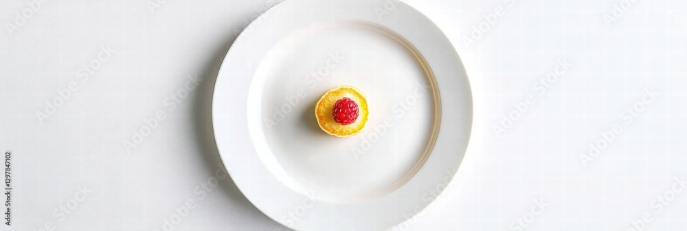 Poster delicate dessert with raspberry on a white plate in an elegant dining setting. generative ai
