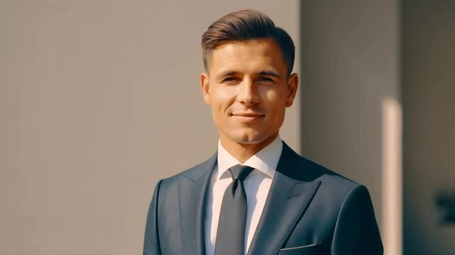 A confident and handsome businessman in a suit, smiling and looking professional in an office setting