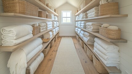 Fototapeta premium Organized linen closet with wooden shelves and baskets