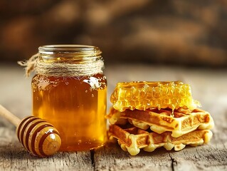 Honey drips on waffles in kitchen for food blog