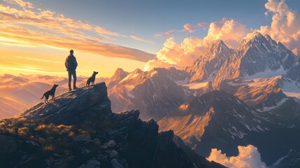 man and dogs on mountaintop at sunset