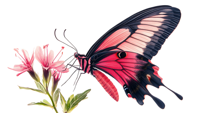 A pink and black butterfly with red dots isolated on white background.PNG