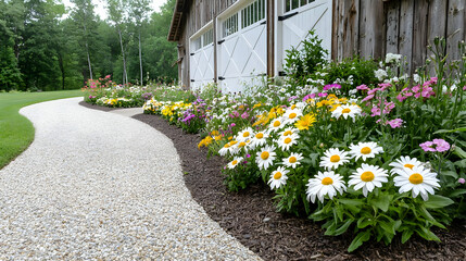Obraz premium Curved path, flowers, barn, garden, landscape design, rural setting, stock photo