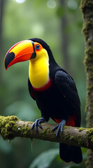 Fototapeta premium A close-up of a toucan perched on a mossy branch, its massive beak glowing in shades of orange, yellow, and black surrounded by a lush green background