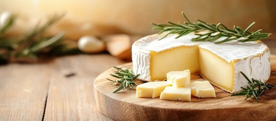 The elegantly styled cheese platter features a beautiful wooden table and a soft pastel background.