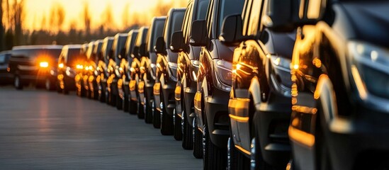 A row of black luxury vans neatly parked at a dealership.