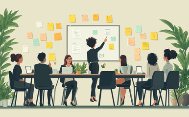 Business Workshop Concept: Vector Cartoon Illustration of Diverse Team Collaboration with Woman Presenting at Board