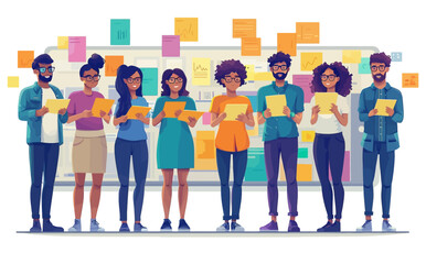 Fototapeta premium Business Workshop Concept: Vector Cartoon Illustration of Diverse Team Brainstorming with Sticky Notes and Light Bulb Ideas