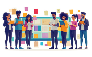 Obraz premium Business Workshop Concept: Vector Cartoon Illustration of Diverse Team Brainstorming with Sticky Notes and Light Bulb Ideas