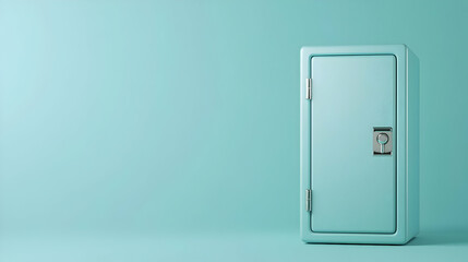 Isolated Teal Metal Locker With Closed Door And Silver Lock On Turquoise Background