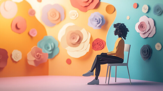 a person engaging in a therapy session surrounded with paper craft flowers