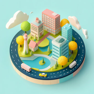A minimalist isometric vector illustration of a tiny world, including buildings, roads, and trees, with clean lines and pastel colors