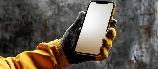 Home repair professional holding phone with space for text.