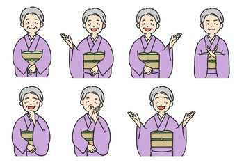着物姿のシニア女性の表情セットイラスト