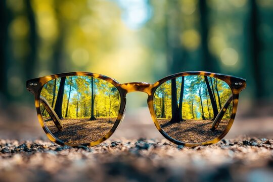 Sunglasses reflecting forest path, nature backdrop, visual marketing