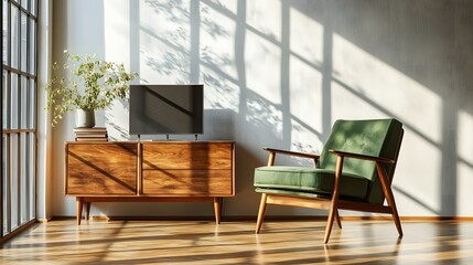 Fototapeta premium sunlit living room with mid-century modern furniture and tv