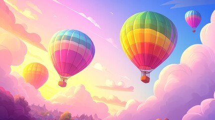 Fototapeta premium Pixelated dreamscape featuring vibrant hot air balloons floating amidst fluffy clouds at sunset in a whimsical fantasy land illustration