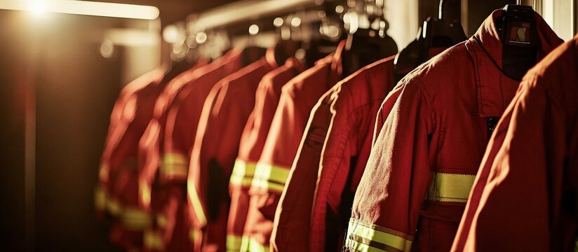 Protective clothing displayed at a fire station.