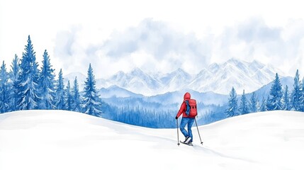 Winter landscape with skier mountain backdrop frosty pine trees snowy wilderness scenic beauty serene atmosphere outdoor activity